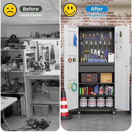 71 Inch High Metal Storage Cabinet On Wheels With Pegboards