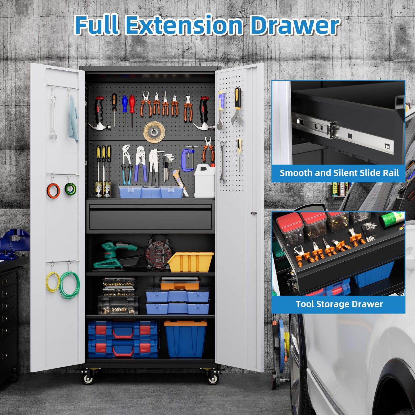 71 Inch High Metal Storage Cabinet On Wheels With Pegboards