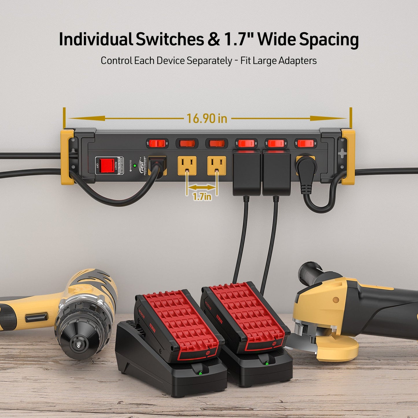 6-Outlet Metal Power Strip with Individual Switches + Dual-Pole Master Switch