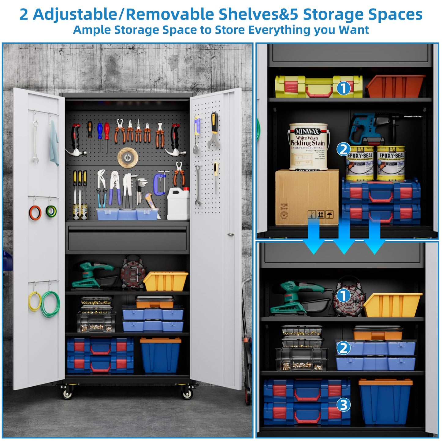 71 Inch High Metal Storage Cabinet On Wheels With Pegboards