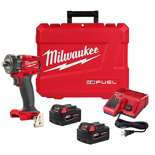 Milwaukee tool set with impact driver, batteries, and charger on a white background