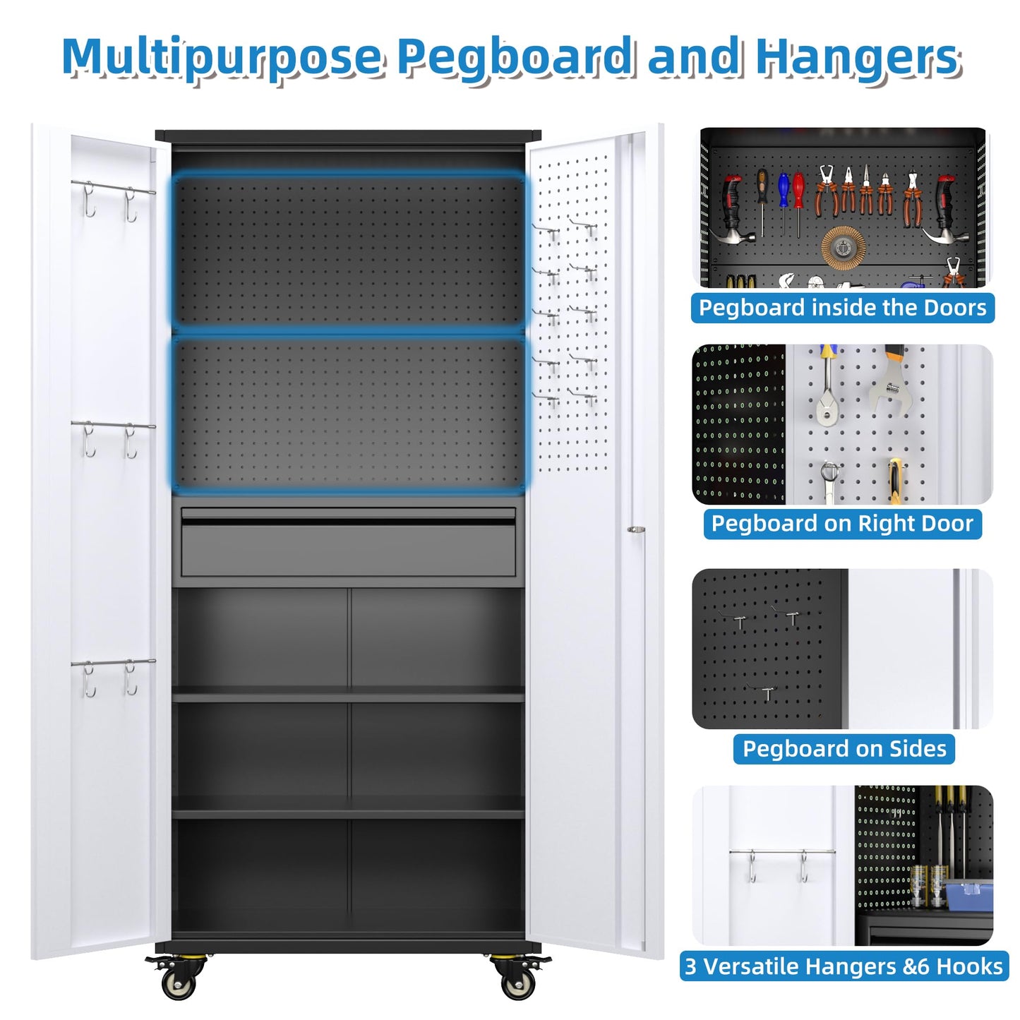 71 Inch High Metal Storage Cabinet On Wheels With Pegboards