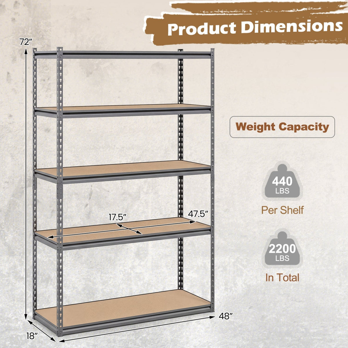 5-Tier Garage Shelving Unit 2200 LBS Metal Storage Shelves Adjustable Utility Rack for Warehouse