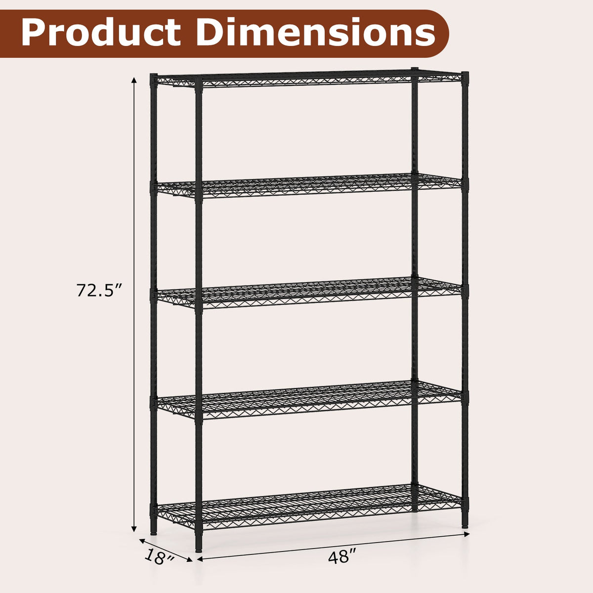 5-Tier Metal Storage Shelving Unit with V-Shaped Wire Rack-Black