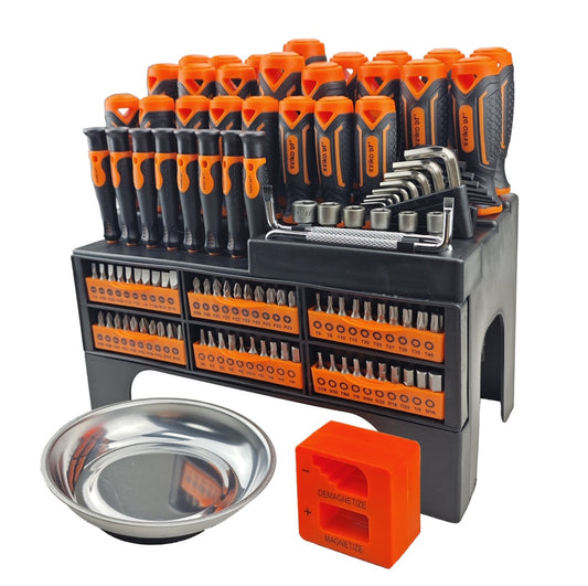 Set of tools including screwdrivers, bits, and a tray 