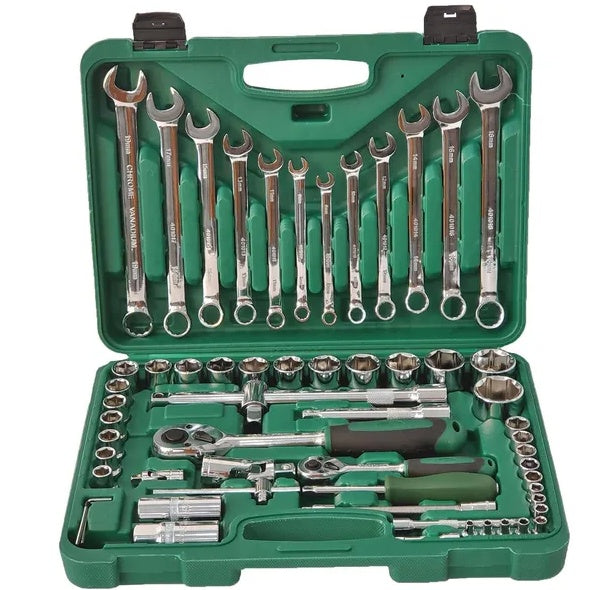 Wrench and socket set in a green case 