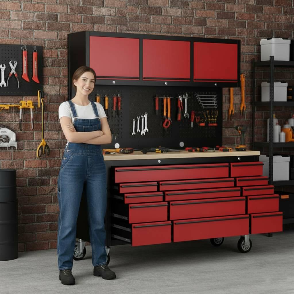Overhead Pro 72" Rolling Tool Chest | 79" Tall | 24" Deep | 14 Drawers | Overheads | Pegboard & Power Strip