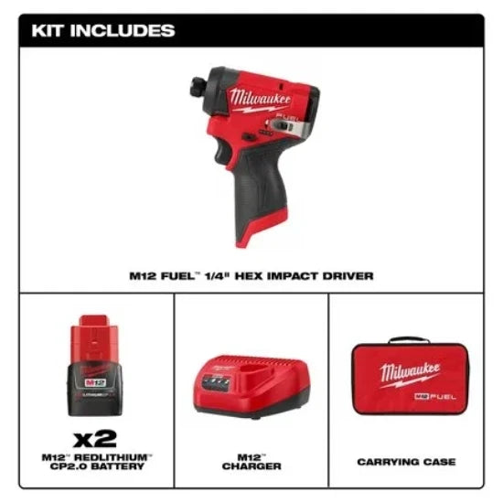 Milwaukee M12 FUEL™ 1/4" Hex Impact Driver Kit with (2) 2.0Ah Lithium Ion Batteries, Charger & Tool Bag