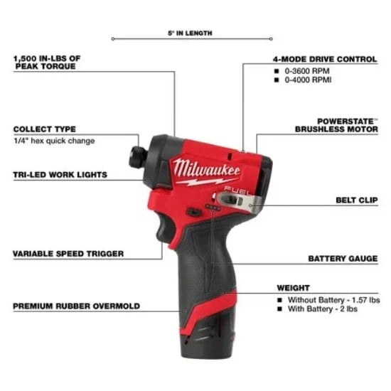 Milwaukee M12 FUEL™ 1/4" Hex Impact Driver Kit with (2) 2.0Ah Lithium Ion Batteries, Charger & Tool Bag