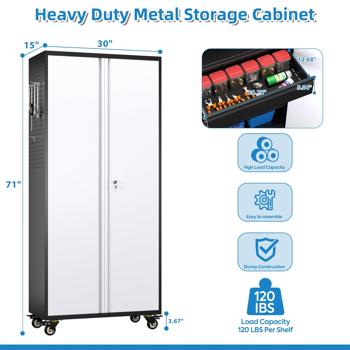 71 Inch High Metal Storage Cabinet On Wheels With Pegboards