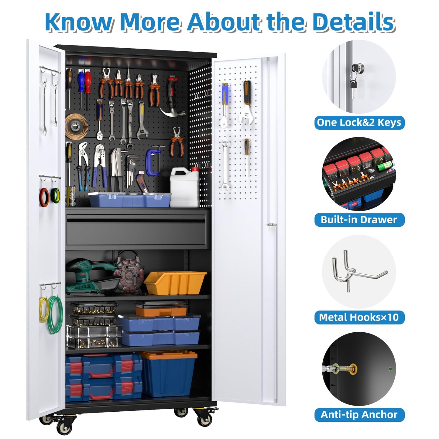71 Inch High Metal Storage Cabinet On Wheels With Pegboards