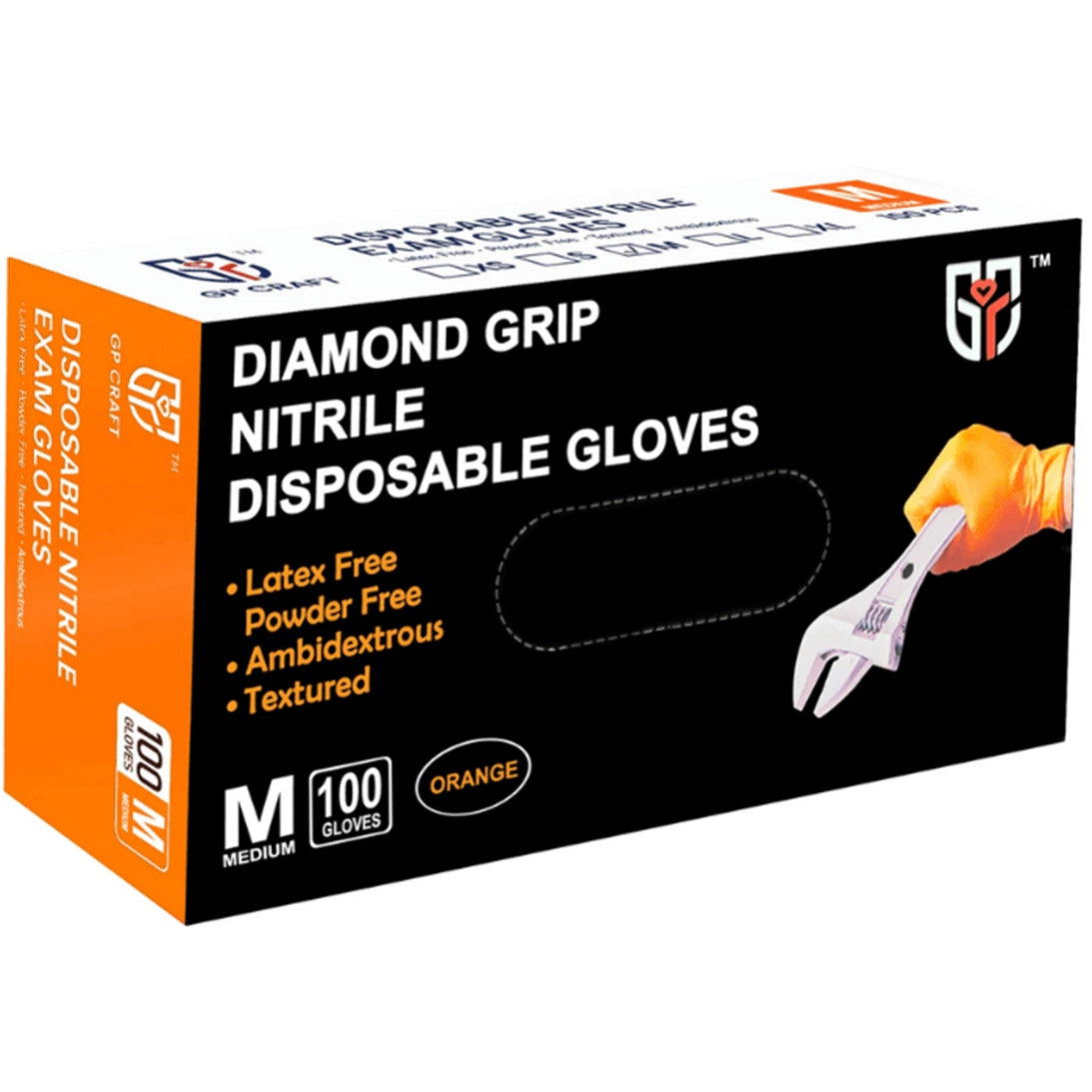 Box of Diamond Grip Nitrile disposable gloves with a tool and glove 