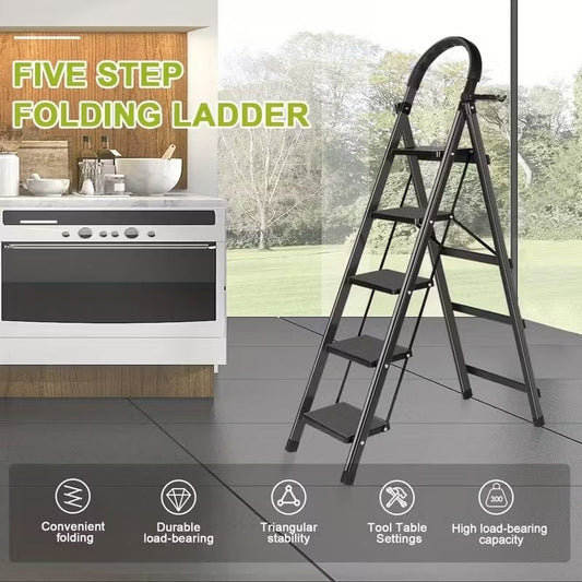 5 Step Ladder with Anti-Slip Pedals Foldable Steel Step Stool with Tool Tray 300LBS Capacity