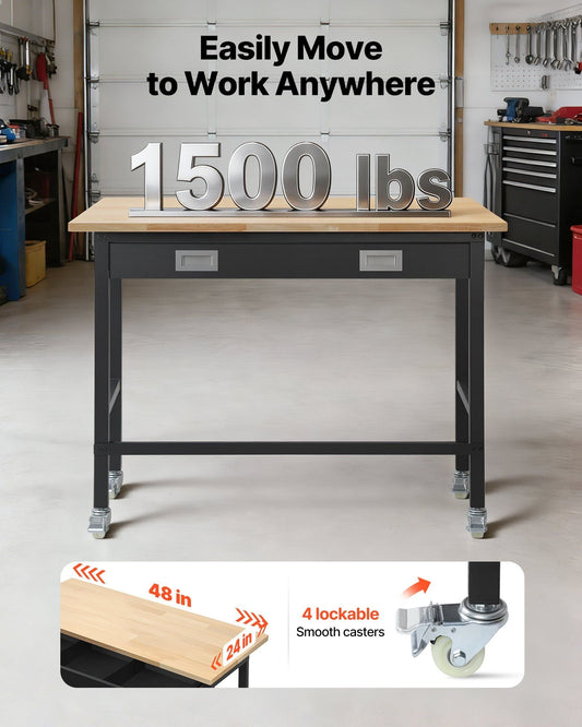 48-inch Workbench 1500 lbs Load Capacity with Drawer Storage & Wheels