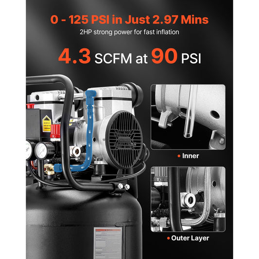 Portable 14-Gallon Oil-Free Air Compressor - 2HP with 4.3 SCFM Output