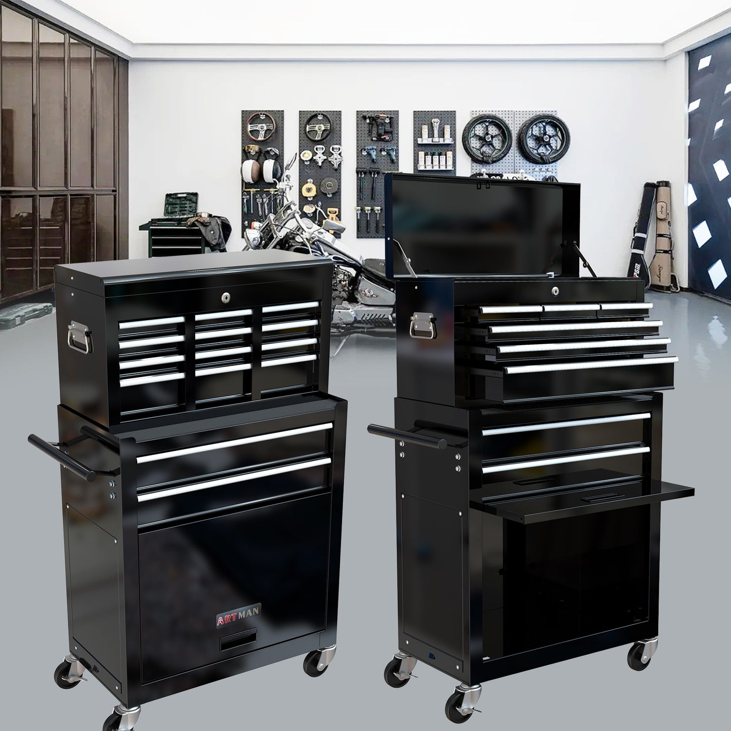 Black tool chest and rolling cart