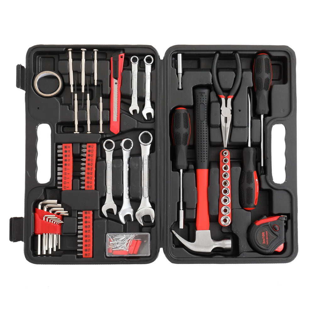 Open tool kit with various tools including wrenches, screwdrivers, and pliers