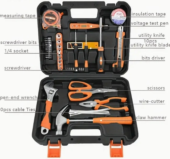 Tool set with labeled tools in a black case