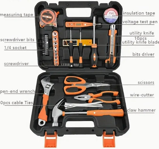 Tool set with labeled tools in a black case