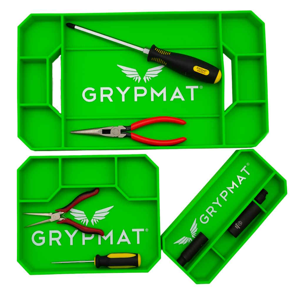 Green GRYPMAT tool mat with tools on a white background
