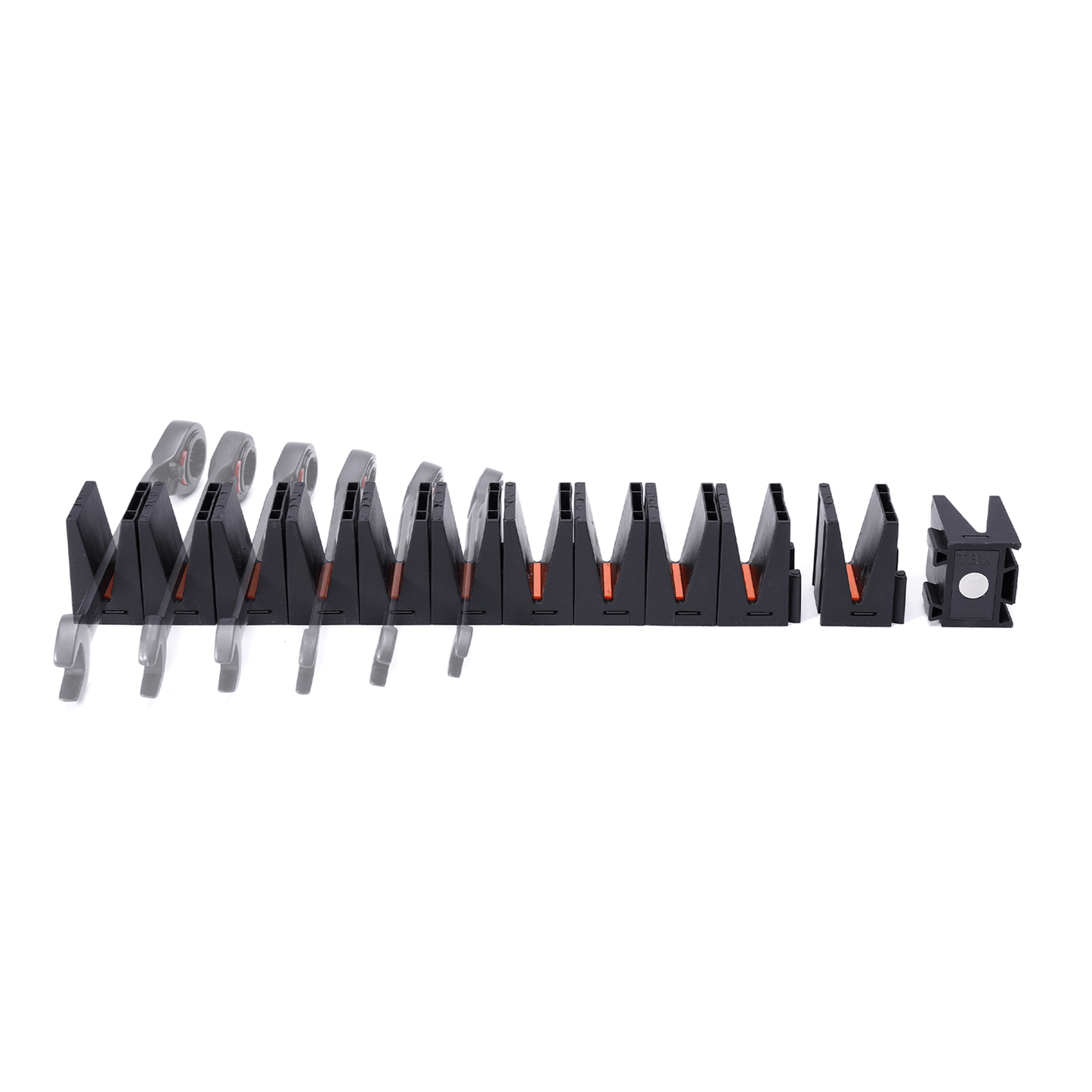 Set of black and gray tools with red accents on a white background
