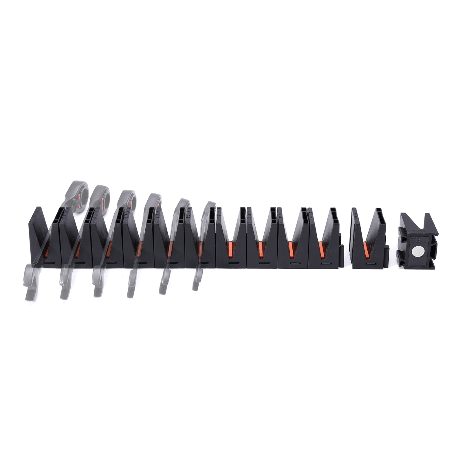 Set of black and gray tools with red accents on a white background